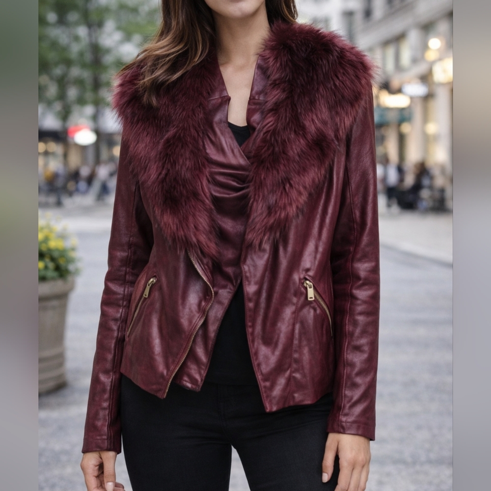 IMAN Luxury Chic Collection Burgundy Faux Fur Detachable Collar Sz L brand new